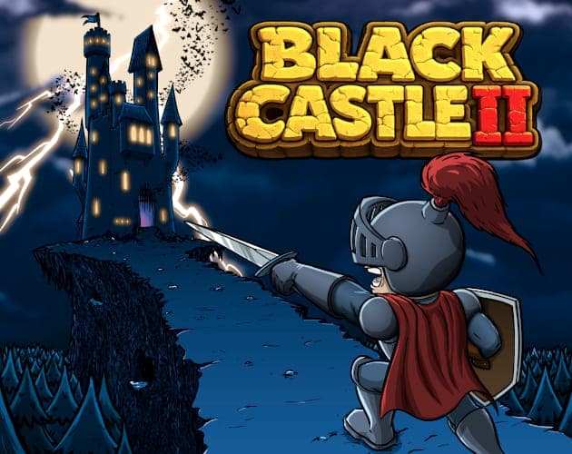 An armoured knight with a red plume points his sword at a dark castle under lightning