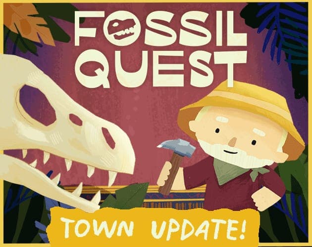 Illustrated paleontologist with a hammer beside a dinosaur skull, with a Town Update banner