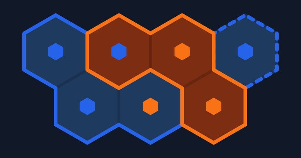 Blue and orange hexagon districts on a dark background