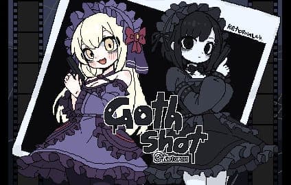 Two girls in purple gothic-lolita dresses beside the Goth shot logo