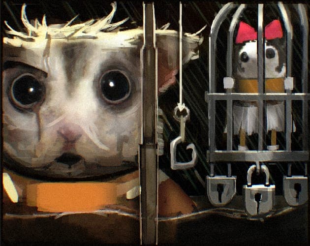 A painted sugar glider beside a caged companion wearing a red bow