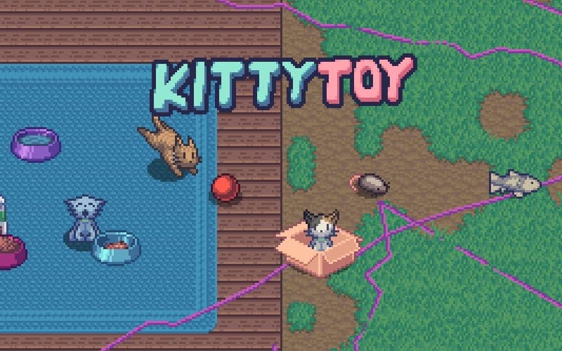 Top-down pixel-art house and yard with cats and the KittyToy logo