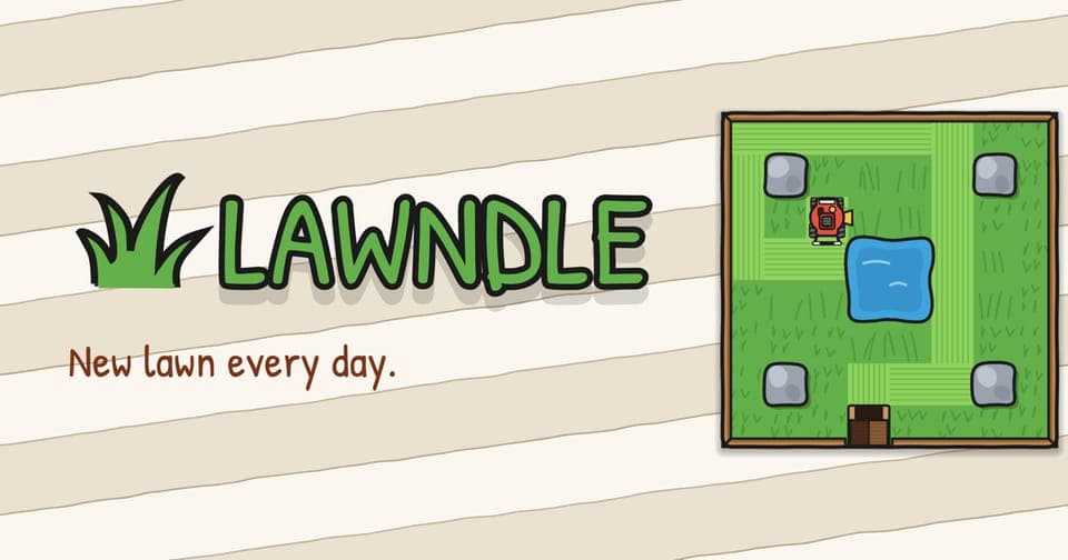Lawndle logo beside a cartoon lawn with a mower, pond and shed