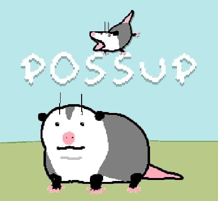 A hand-drawn mother opossum with a baby opossum leaping above her under the Possup logo