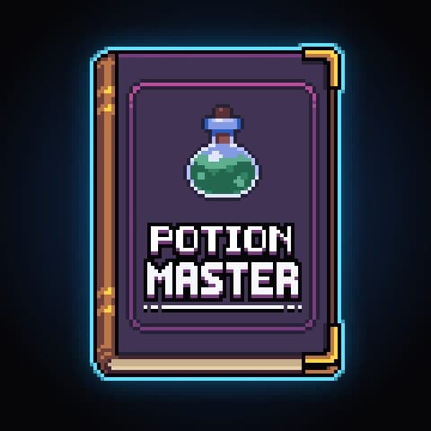 Pixel-art spellbook with a green potion bottle and the title Potion Master
