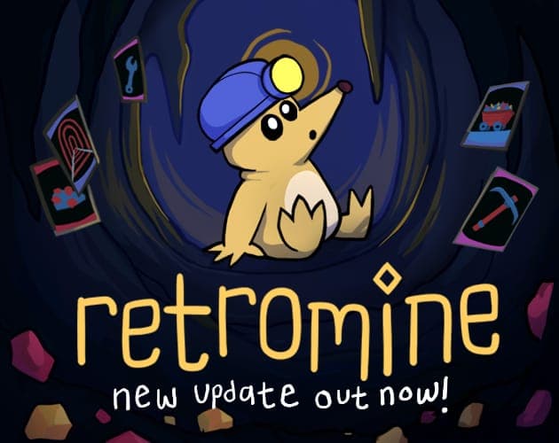 Retro pixel-art cover for Retromine, a mining deckbuilder set in collapsing caves