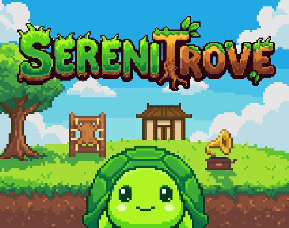 A smiling pixel-art green turtle in a meadow with a tree, a hut and a gramophone under the Serenitrove logo