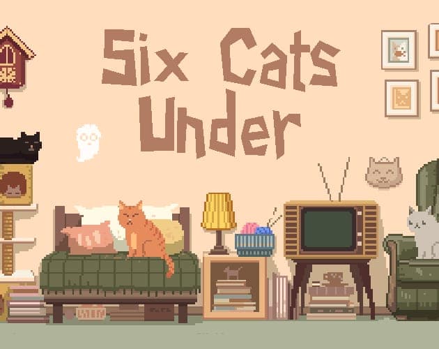 Pixel-art living room with cats on a sofa, a TV and a small ghost