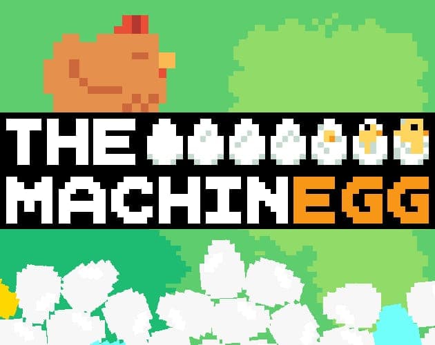 A pixel-art hen above The MachinEGG title, with a pile of white eggs below