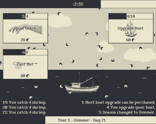 One-bit screen of a fishing boat at sea with upgrade cards