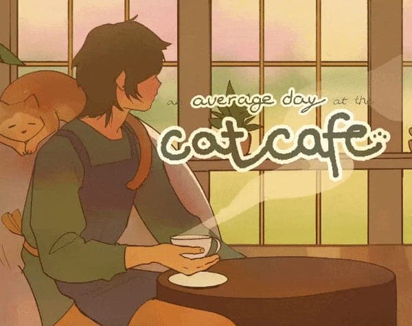 Hand-drawn person sipping tea by a window with a cat on their shoulder