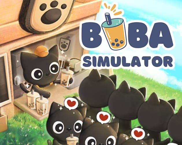 Black cats with boba cups in front of a boba shop and the title