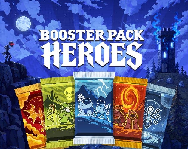 Pixel-art cover for Booster Pack Heroes with its hero cards and monsters