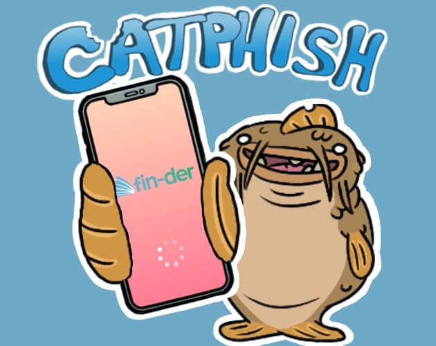 Cartoon catfish grinning and holding a phone showing a 'fin-der' app