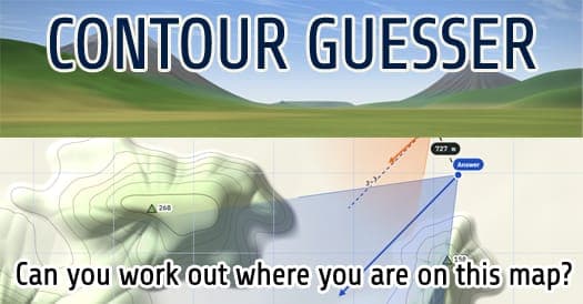 Rendered green hills above a contour map with a guess marker