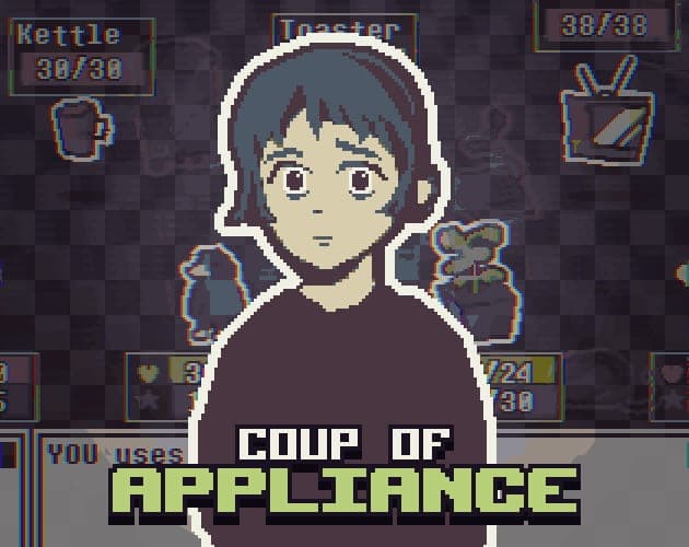 Animated pixel-art cover for Coup of Appliance, a JRPG about rebelling household appliances