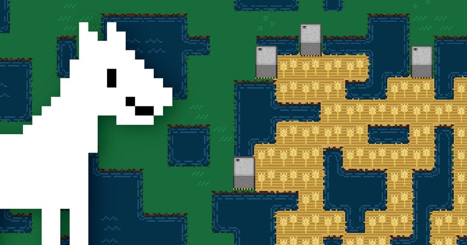 Pixel-art white horse beside fenced wheat fields and water