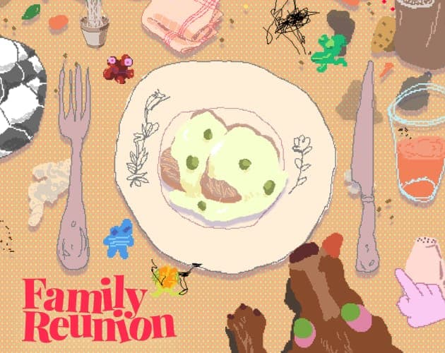 Hand-drawn dinner plate with cutlery and doodles on a tablecloth, with the Family Reunion title