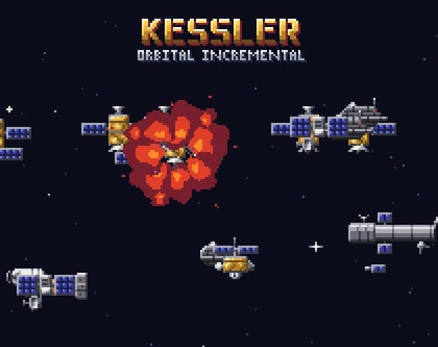 Kessler cover, likely pixel-art satellites and debris above Earth