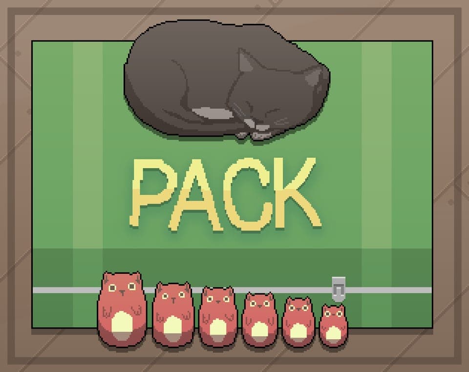 Pixel-art title card with a sleeping black cat above the word PACK and a row of owl nesting dolls