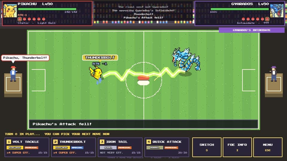 Pikachu firing Thunderbolt at Gyarados in Poke Battle, with move buttons marked 4x super effective