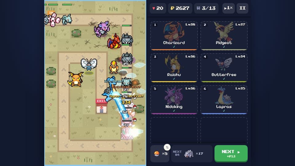 Charizard, Raichu, Pidgeot and Lapras holding a Safari Zone route against wild Rhyhorn in Pokémon Stampede, with an Ice Beam landing a critical hit