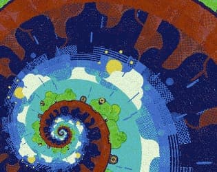 Colorful painted spiral of land, sea and sky