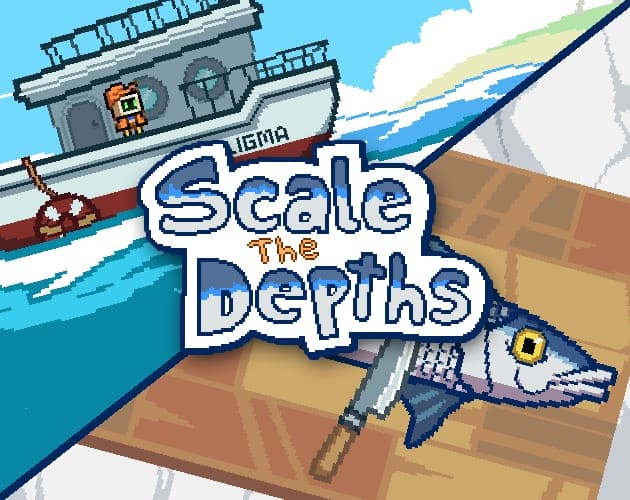 Cartoon boat and fish around the Scale the Depths logo