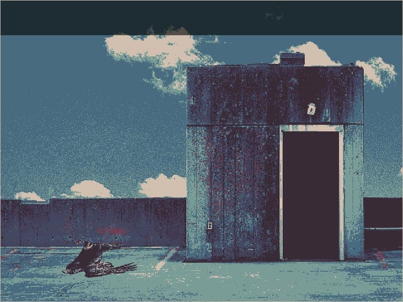 A dead crow lying on a pixel-art rooftop beside a small stairwell door under a blue sky