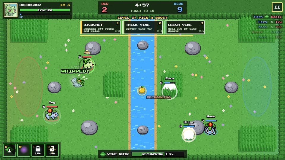 Bulbasaur landing a Vine Whip by the river in Vine Whipped, with Ivysaur on both teams, a berry floating downstream and three level-up boosts to pick from